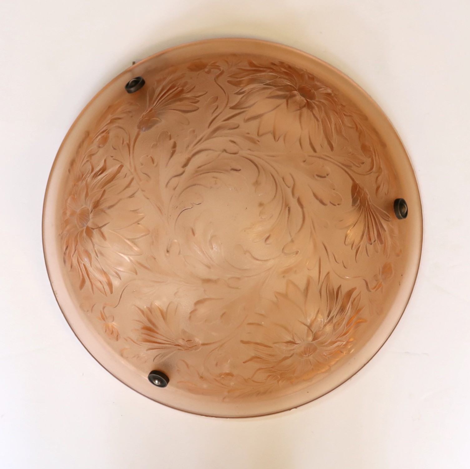 A 1920-30s French peach glass light bowl moulded with dahlias, with chain set and ceiling rose, Diameter 35.5 cm